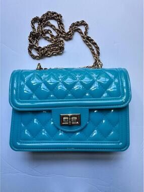 Jelly Plastic Turquoise gold Chain, PVC Quilted Crossbody, Purse, Bag.